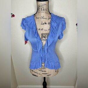 NTM: Massimo Dutti Hard to Find Short Sleeve Ruffled Light Blue Cardigan Sz L